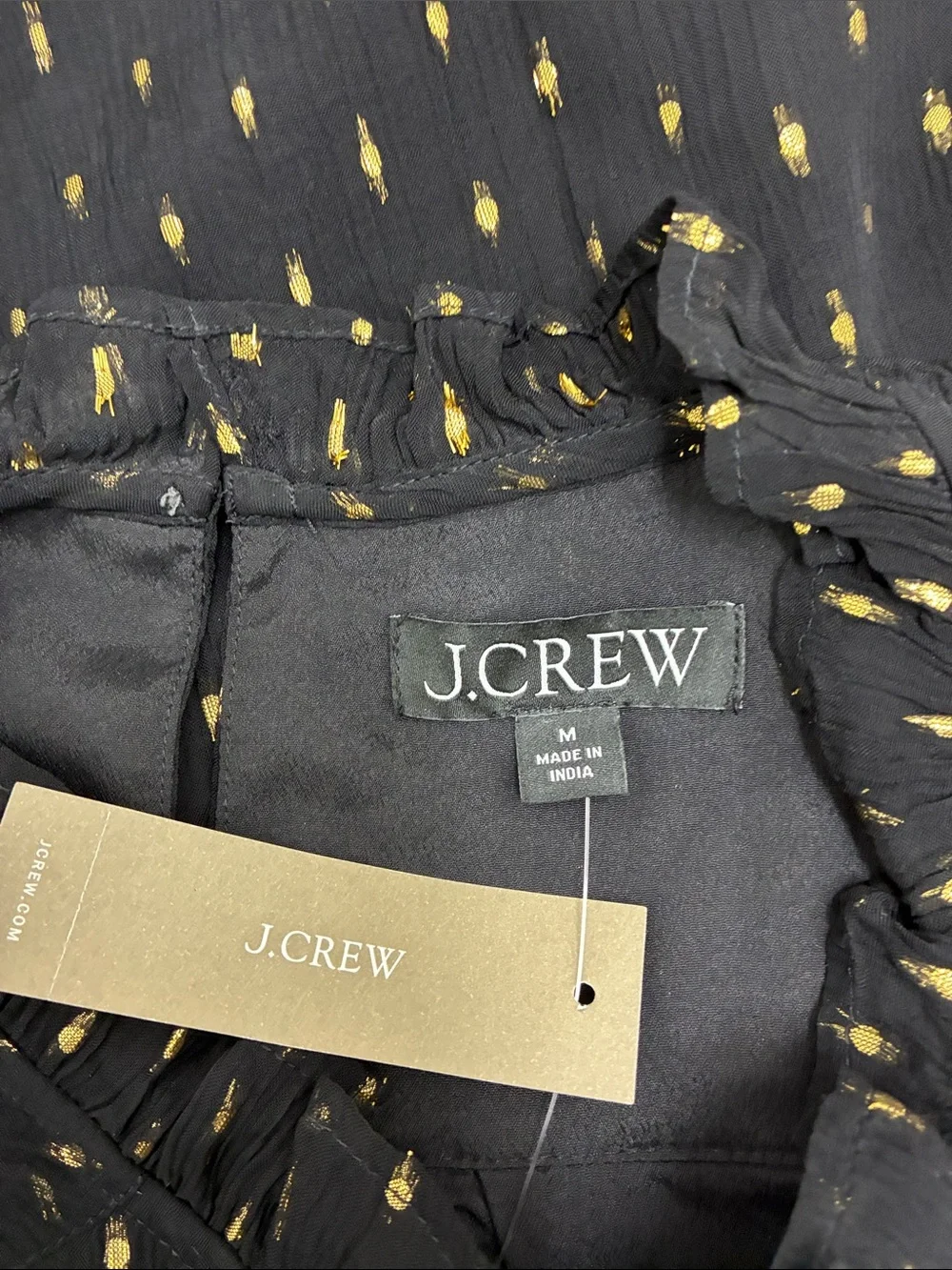 J. Crew Black Blouse with Gold Metallic Dot Print